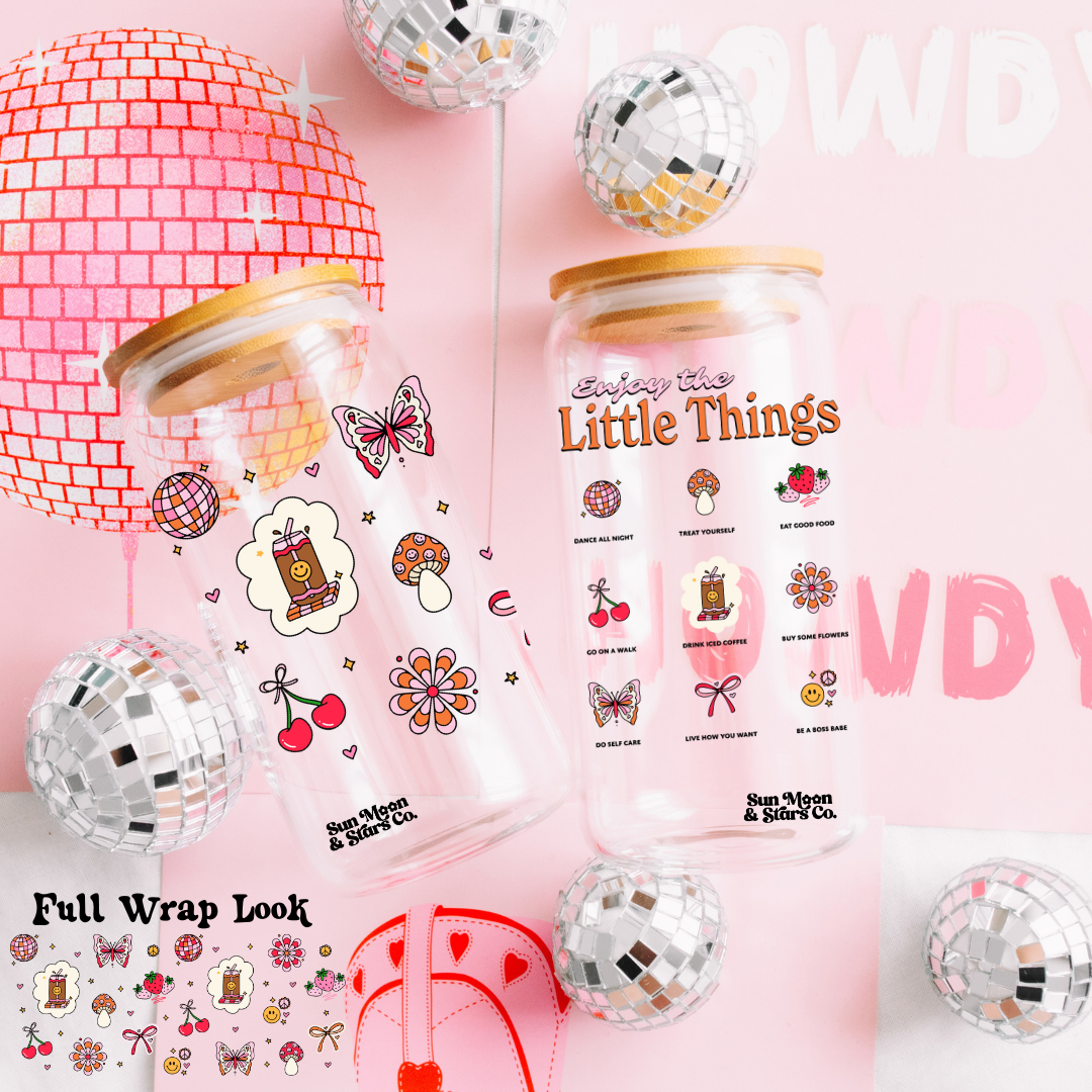 Coffee Groovy Elements| Enjoy the Little Things Decal | 16oz Clear Glass Can