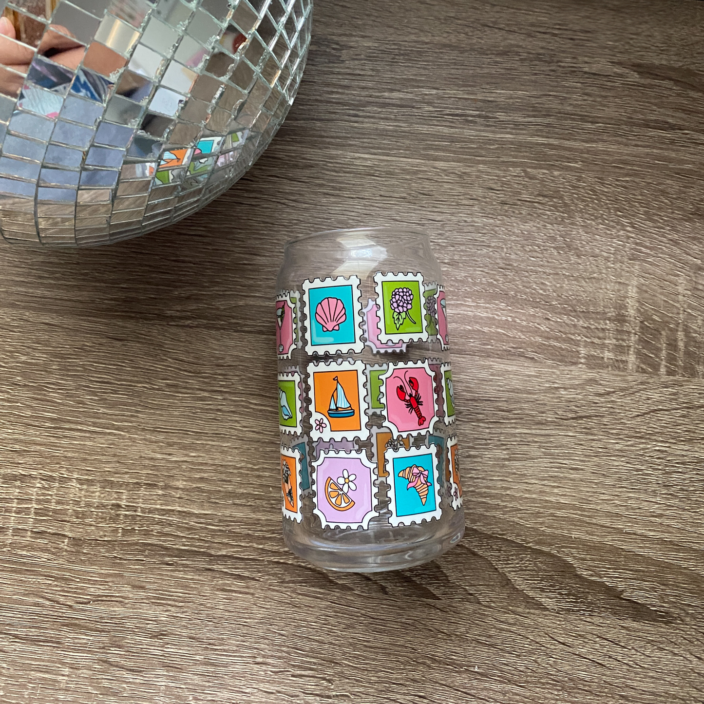 Summer Stamps| Beach Stamps Cute Glass Can|Glass Tumbler w/Straw & Lid|
