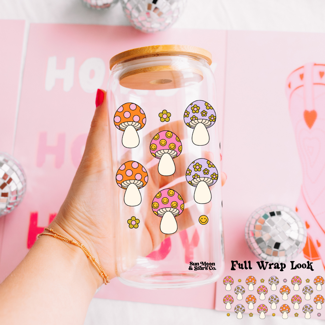 Groovy Mushroom Wrap 16oz Clear Glass Can