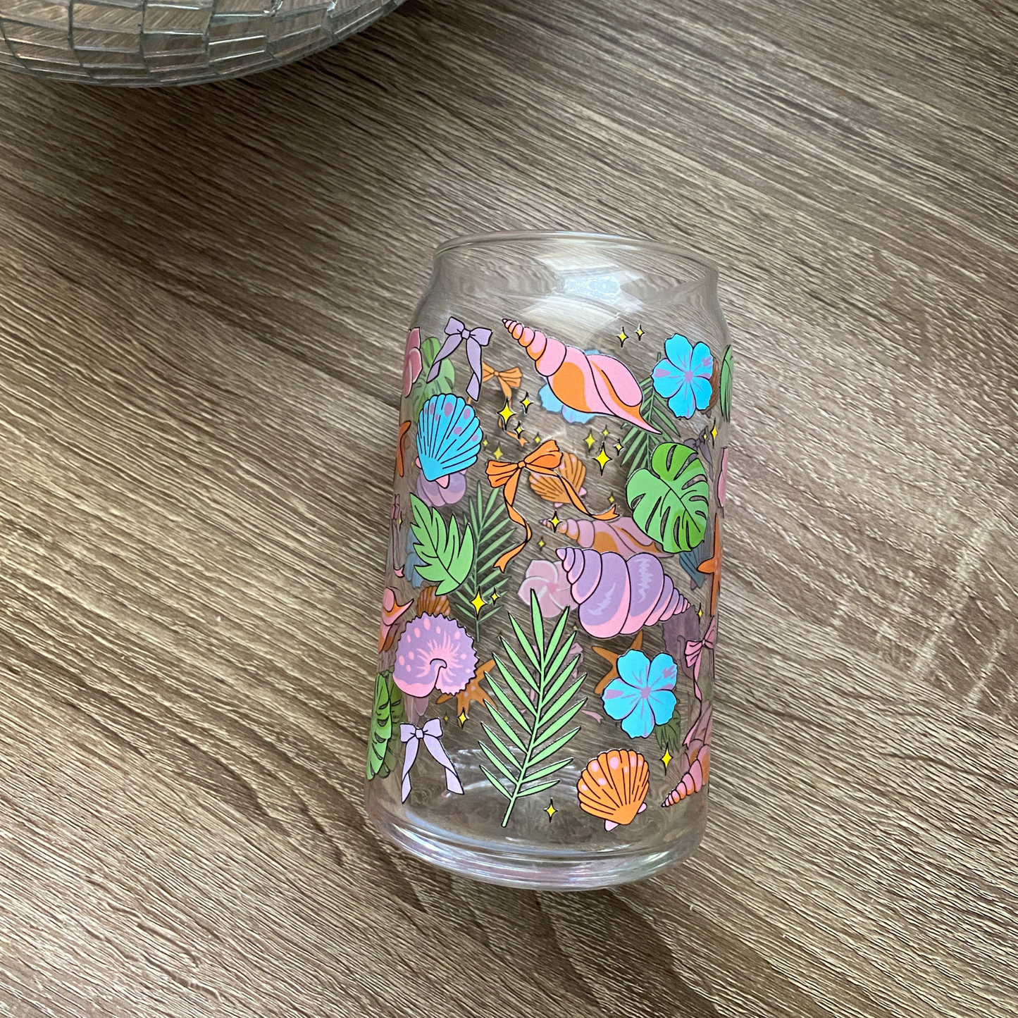 Summer Shells Cute Glass Can|Glass Tumbler w/Straw & Lid|