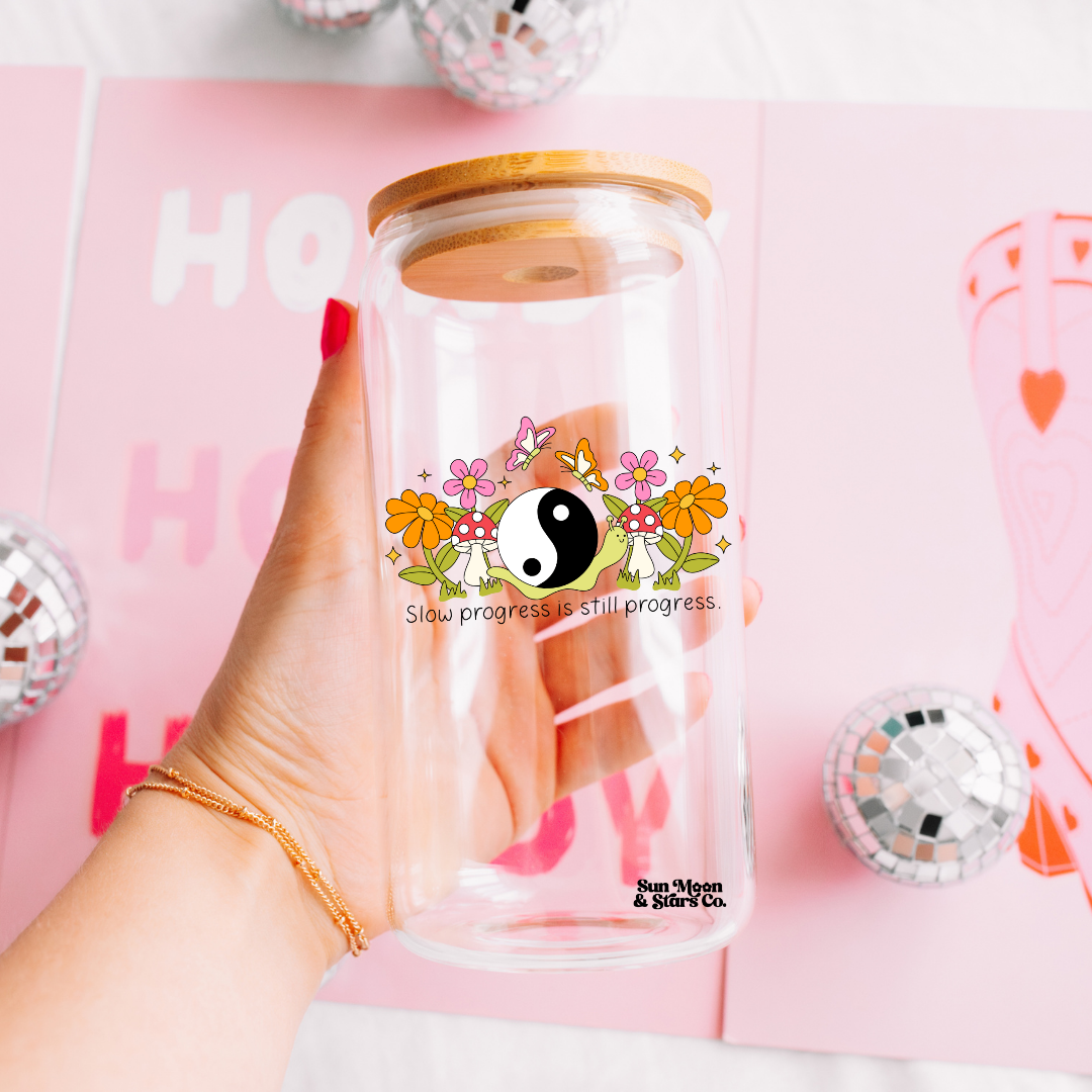 Small Progress is Still Progress| Yin Yang Snail Boho Daisy Decal 16oz Clear Glass Can