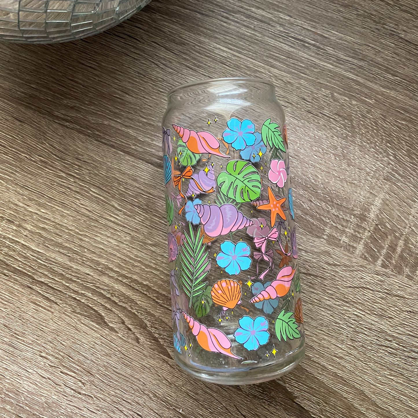 Summer Shells Cute Glass Can|Glass Tumbler w/Straw & Lid|