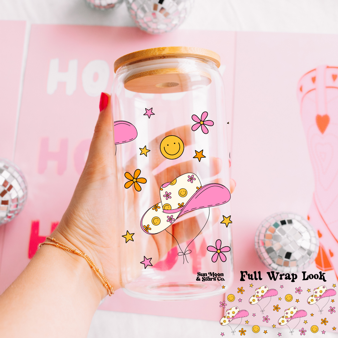 Cowgirl Happy Groovy Wrap16oz Clear Glass Can