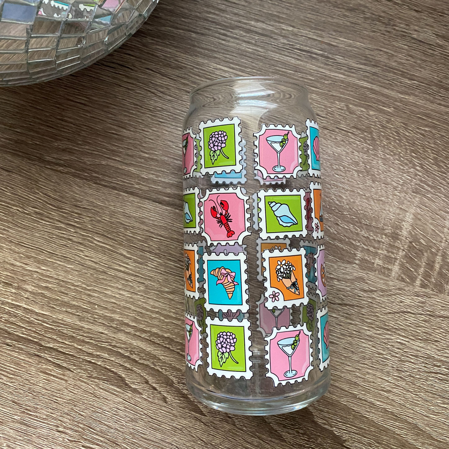 Summer Stamps| Beach Stamps Cute Glass Can|Glass Tumbler w/Straw & Lid|