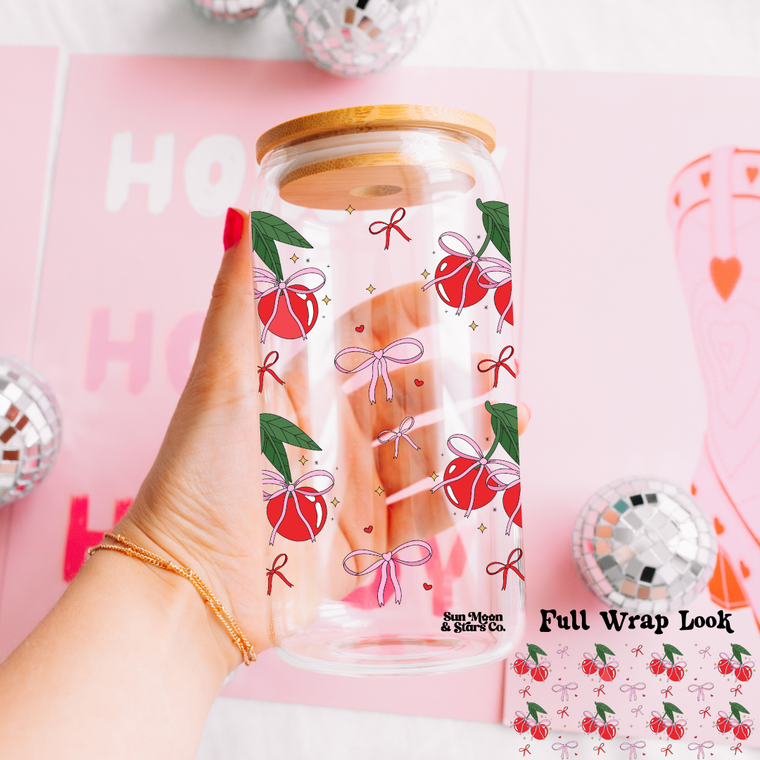 Cherry Coquette Bows Wrap 16oz Clear Glass Can