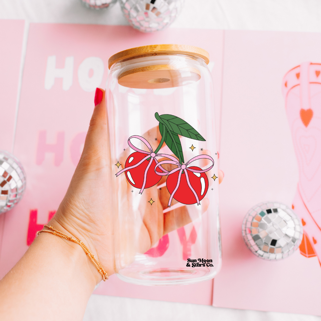 Cherry Coquette Bows Decal 16oz Clear Glass Can