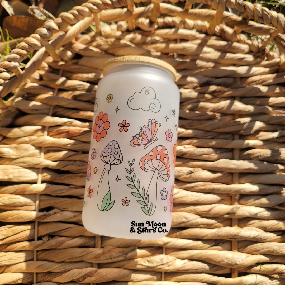 Retro Groovy Boho Daisy Field 16oz Frosted Glass Can