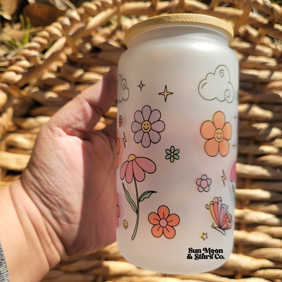 Retro Groovy Boho Daisy Field 16oz Frosted Glass Can