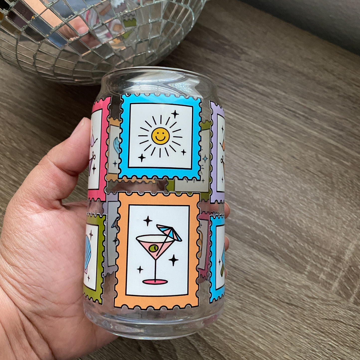 Beach Stamps Cute Glass Can|Glass Tumbler w/Straw & Lid|