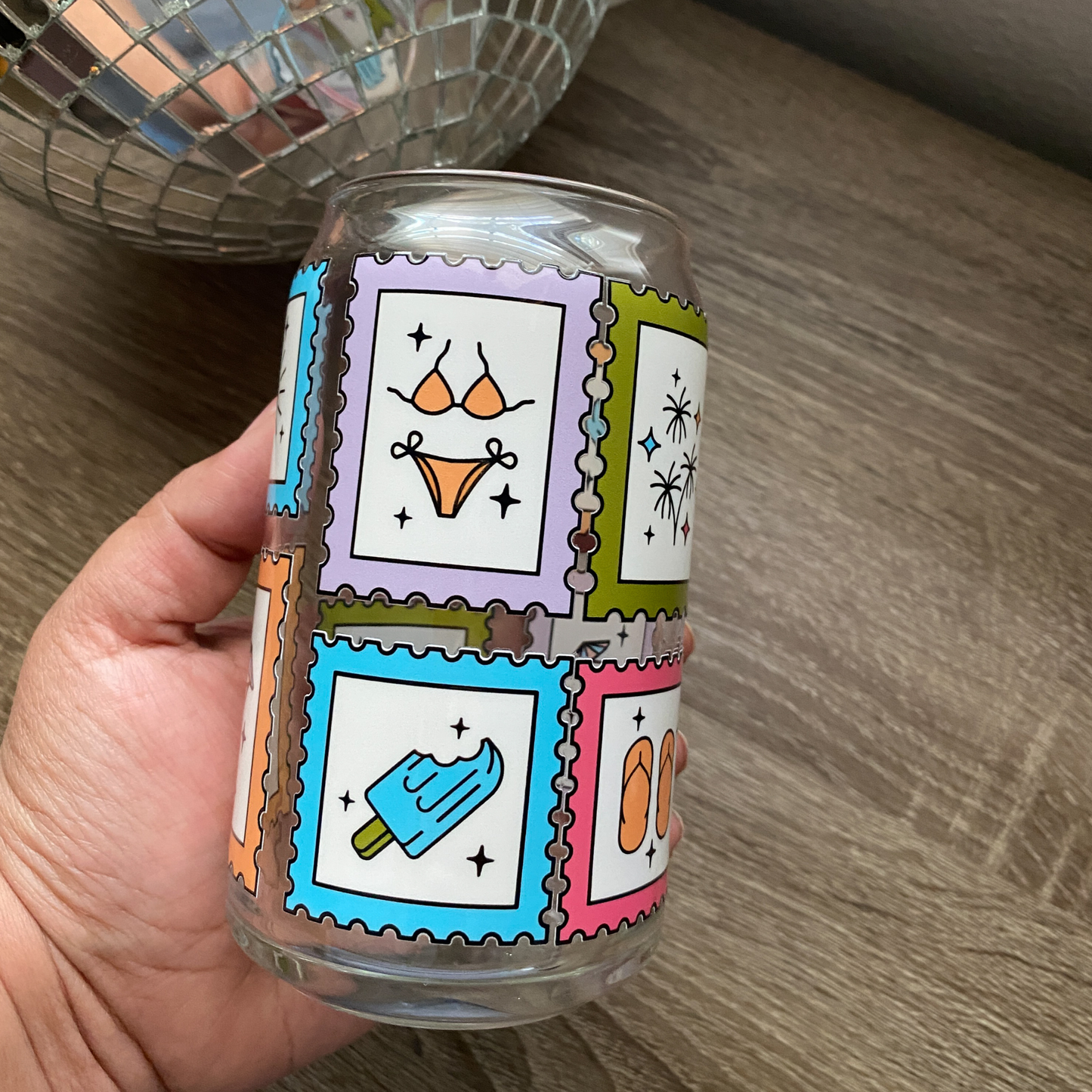 Beach Stamps Cute Glass Can|Glass Tumbler w/Straw & Lid|