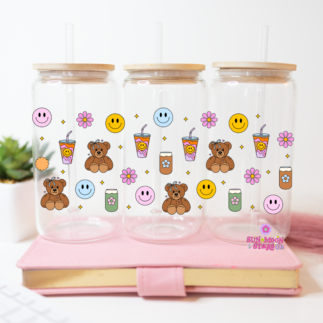 Take What You Can| Happy Vibes | Coffee| Teddy Bear| Groovy| Retro 16 oz Glass Can