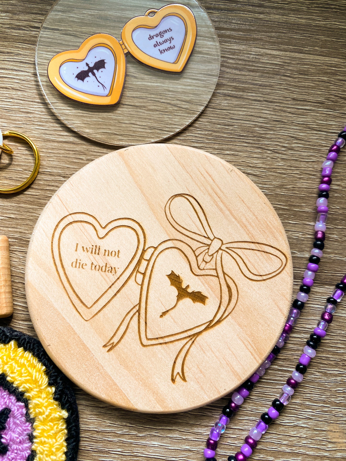 I will Not Die Today Dragon Locket Wooden Coaster|Fourth Wing|Iron Flame|Onyx Storm|Bookish|