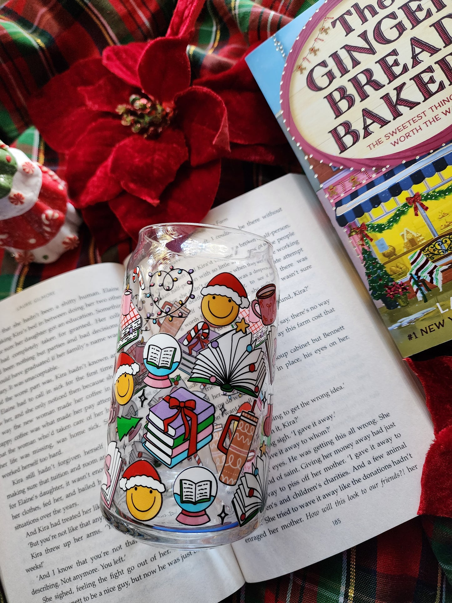Bookish Christmas 16oz glass can| Winter| Christmas| Cute Glass Can|Glass Tumbler w/Straw & Lid|
