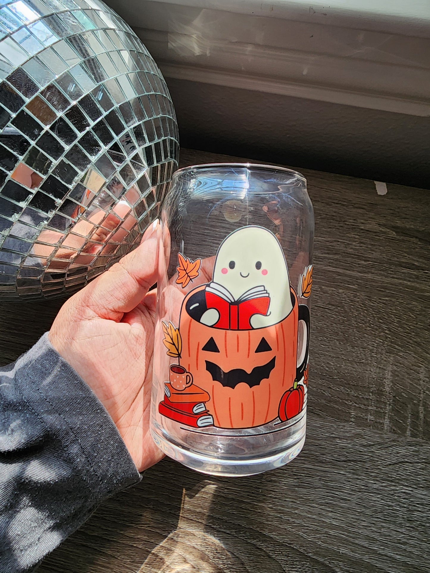 Reading Ghostie Jack-o-lantern 16oz glass can| Autumn| Fall Bookish| Pumpkins Books| Cute Glass Can|Glass Tumbler w/Straw & Lid|