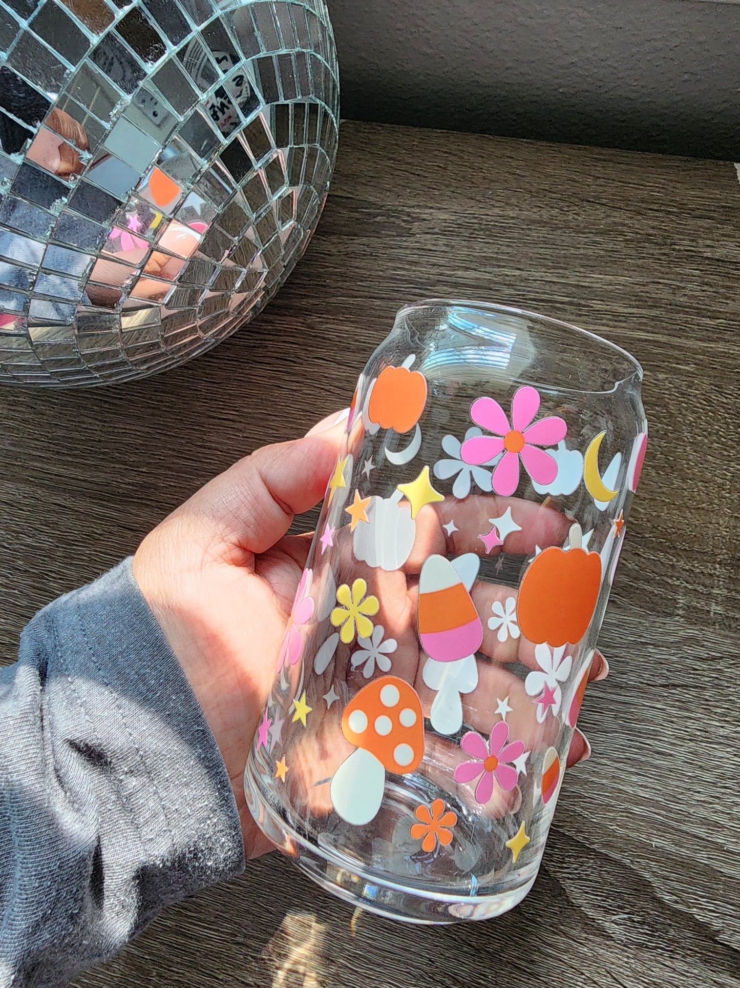 Pumpkins & Candy Corn Girly 16oz glass can| Autumn| Fall Bookish| Pumpkins Books| Cute Glass Can|Glass Tumbler w/Straw & Lid|