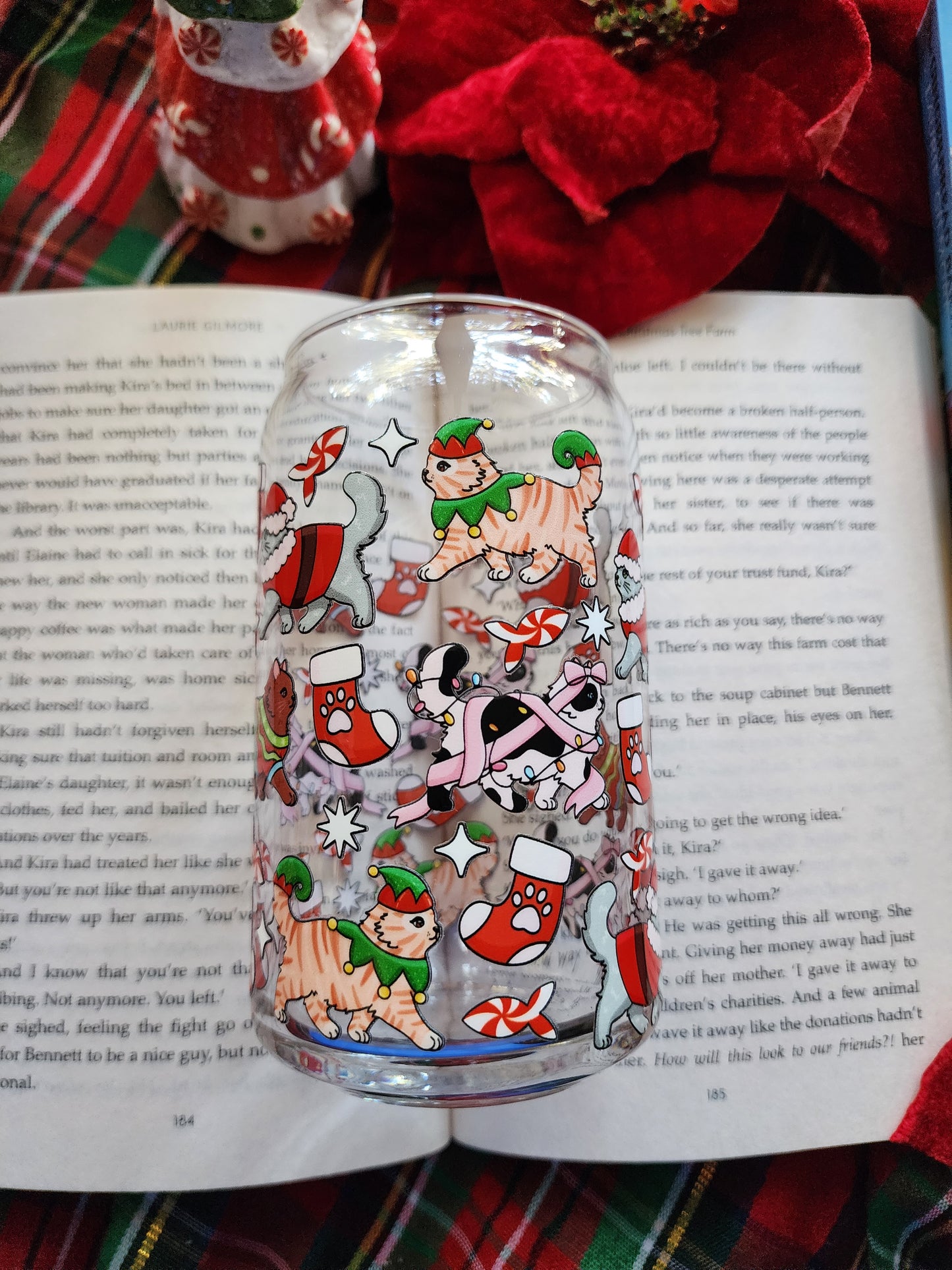 Christmas Cats 16oz glass can| Winter| Christmas| Cute Glass Can|Glass Tumbler w/Straw & Lid|