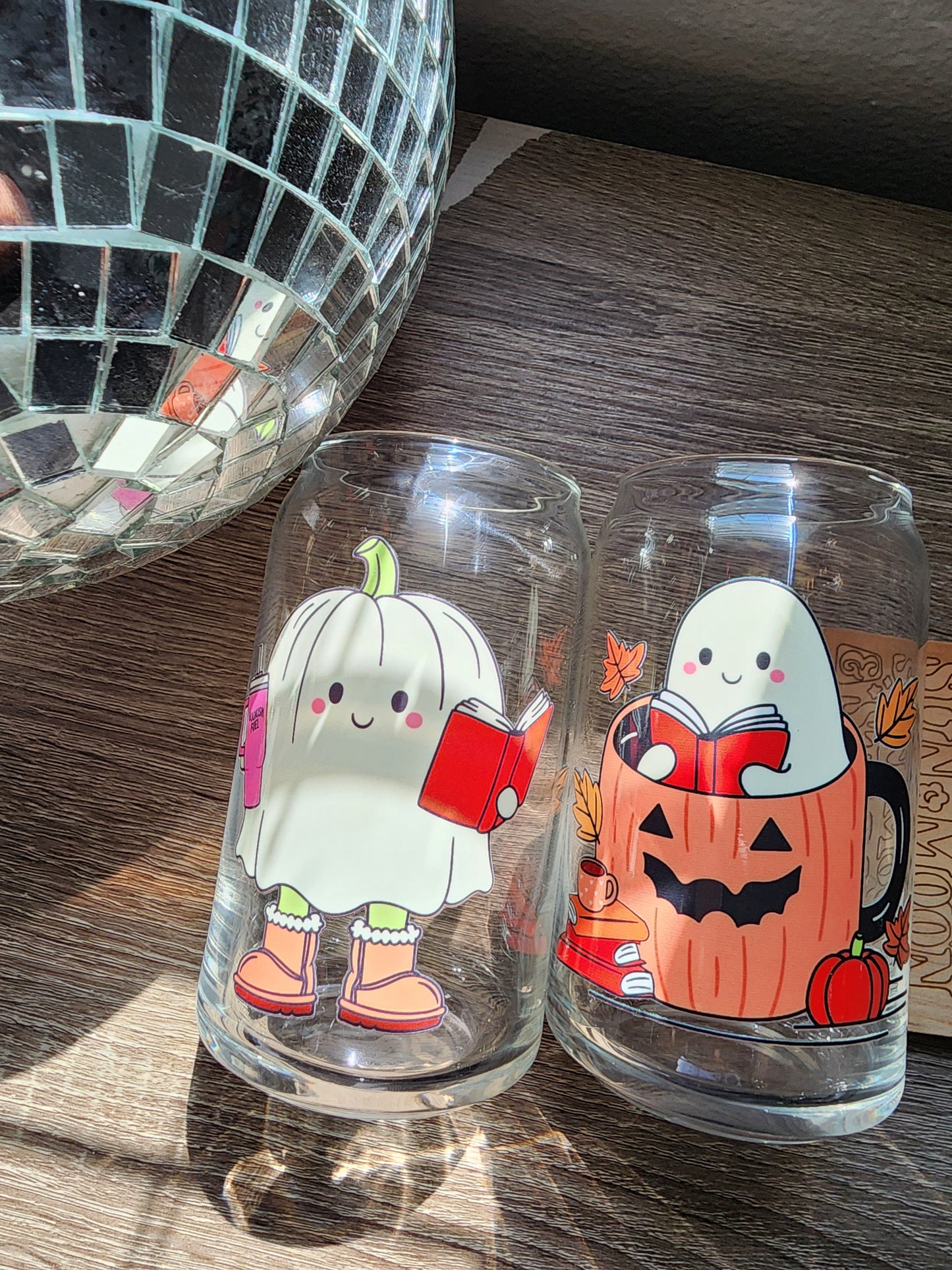 Fall Ghostie Pumpkin 16oz glass can| Autumn Ghostie Pumpkin| Bookish| Cute Glass Can|Glass Tumbler w/Straw & Lid|
