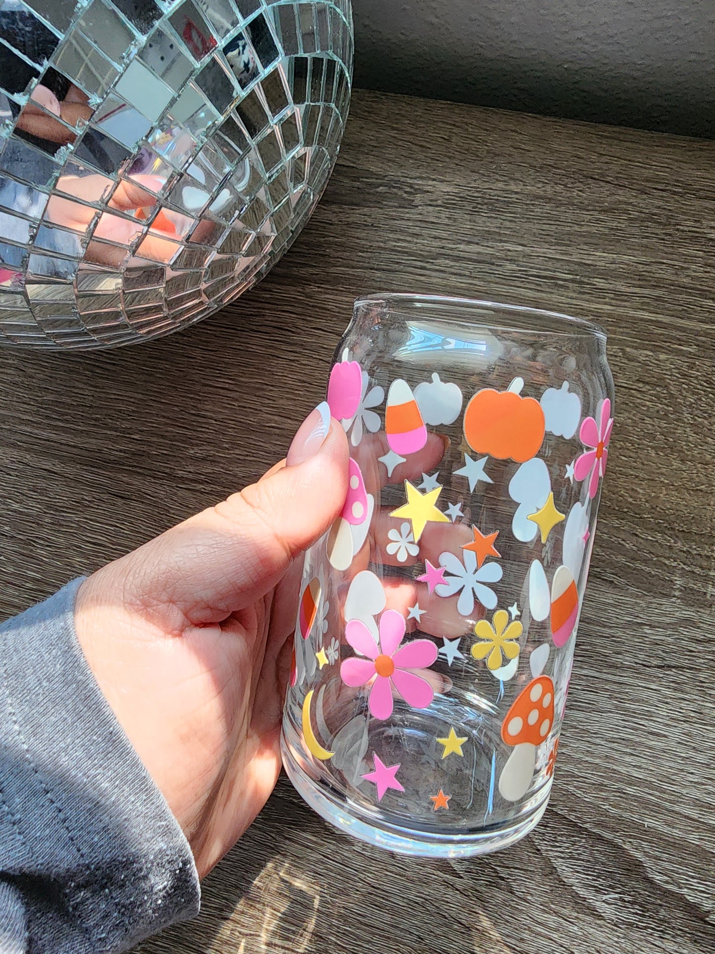 Pumpkins & Candy Corn Girly 16oz glass can| Autumn| Fall Bookish| Pumpkins Books| Cute Glass Can|Glass Tumbler w/Straw & Lid|
