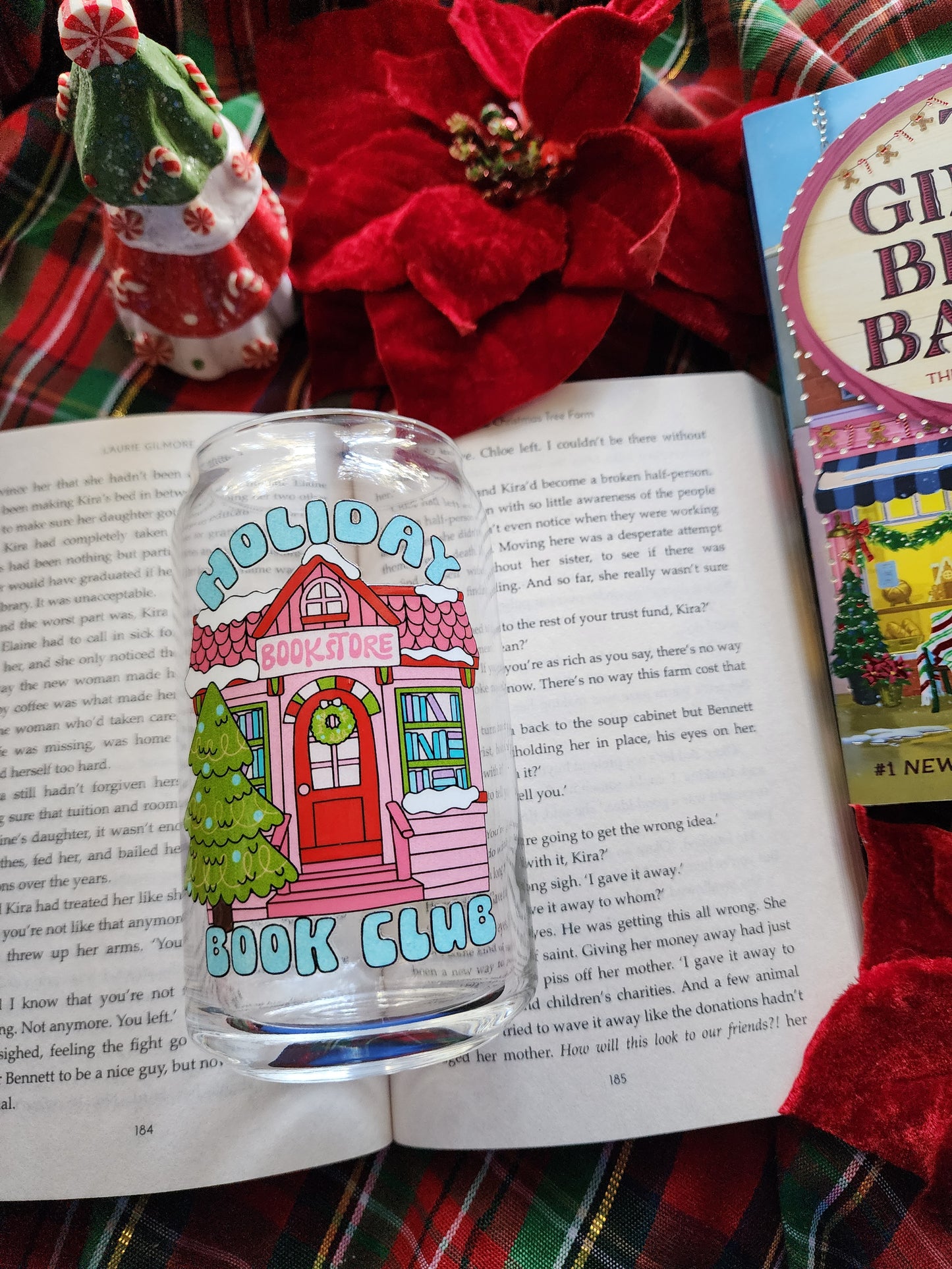 Holiday Book Club 16oz glass can| Winter| Christmas| Cute Glass Can|Glass Tumbler w/Straw & Lid|