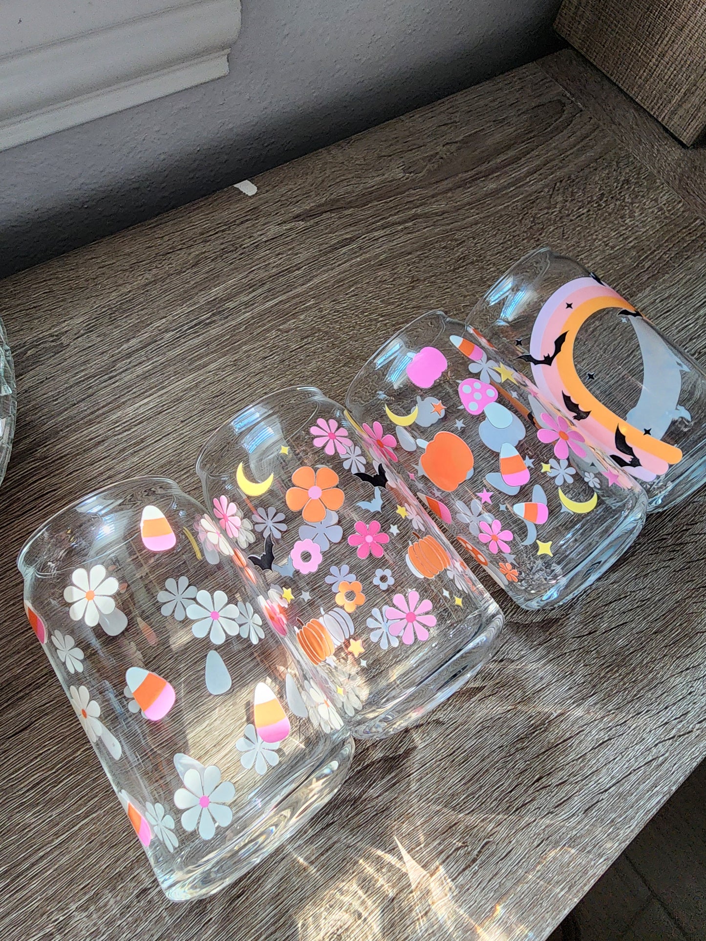 Pumpkins & Candy Corn Girly 16oz glass can| Autumn| Fall Bookish| Pumpkins Books| Cute Glass Can|Glass Tumbler w/Straw & Lid|