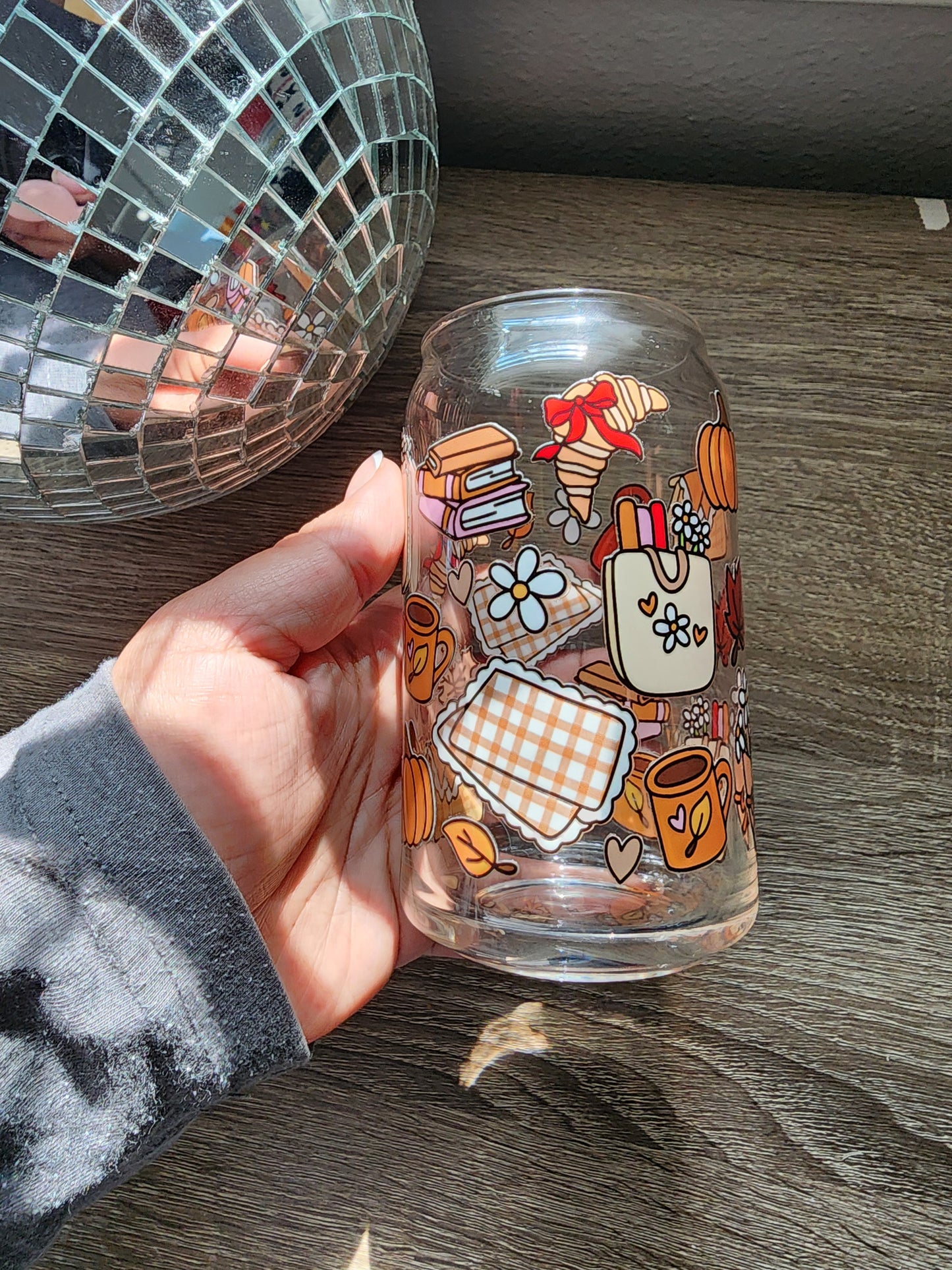 Autumn Bookish Picnic 16oz glass can| Autumn| Fall Bookish| Pumpkins Books| Cute Glass Can|Glass Tumbler w/Straw & Lid|