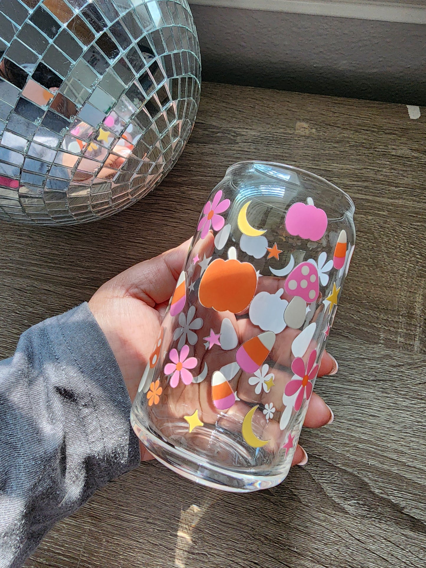 Pumpkins & Candy Corn Girly 16oz glass can| Autumn| Fall Bookish| Pumpkins Books| Cute Glass Can|Glass Tumbler w/Straw & Lid|