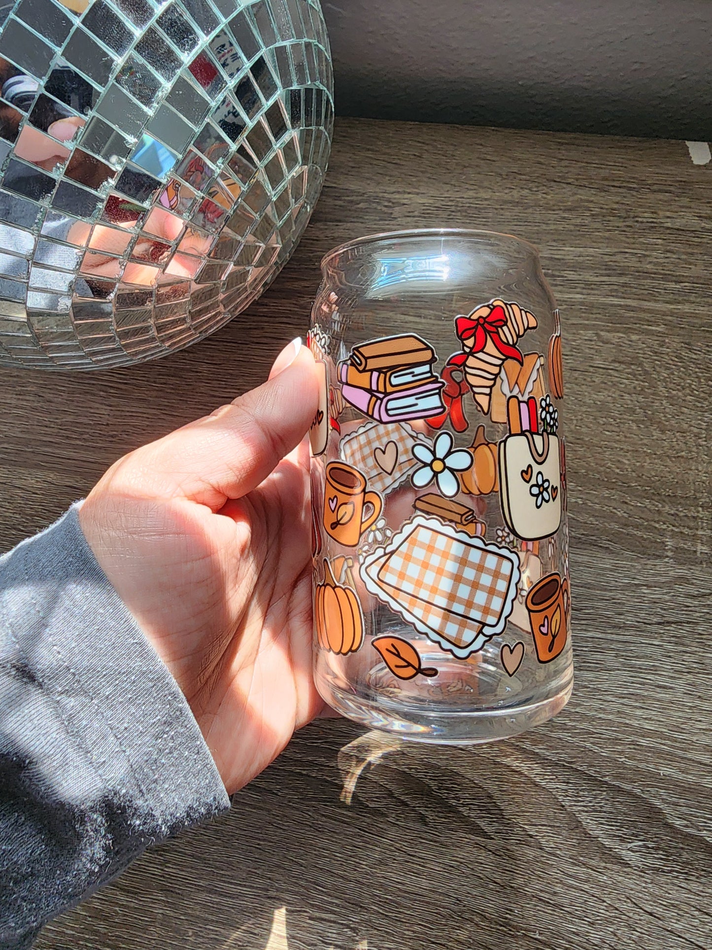 Autumn Bookish Picnic 16oz glass can| Autumn| Fall Bookish| Pumpkins Books| Cute Glass Can|Glass Tumbler w/Straw & Lid|