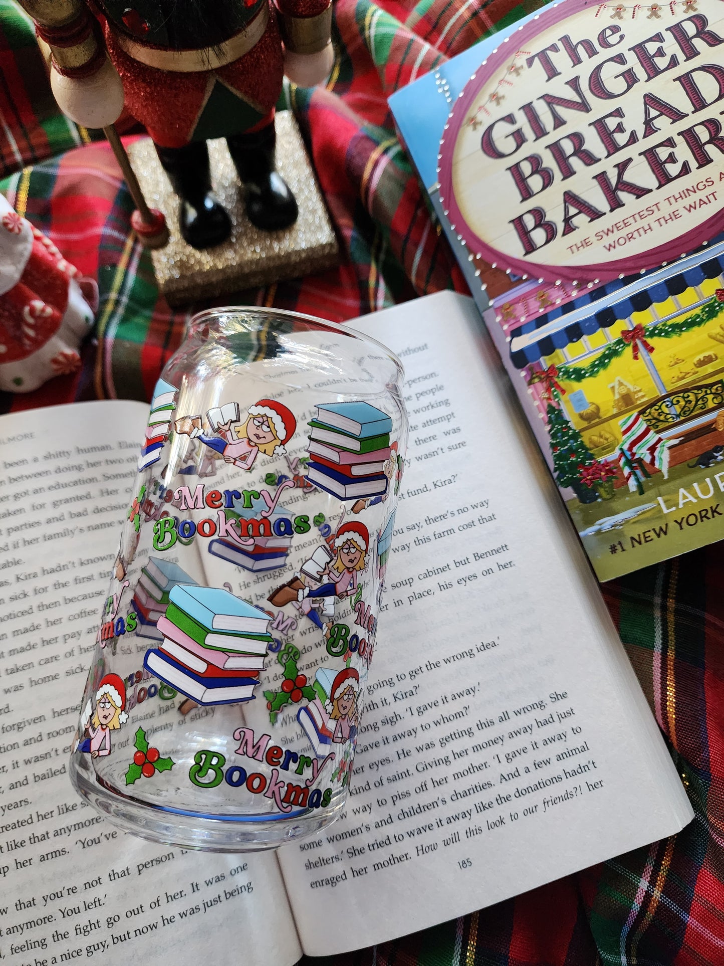 Lizzie Bookmas 16oz glass can| Winter| Christmas| Cute Glass Can|Glass Tumbler w/Straw & Lid|