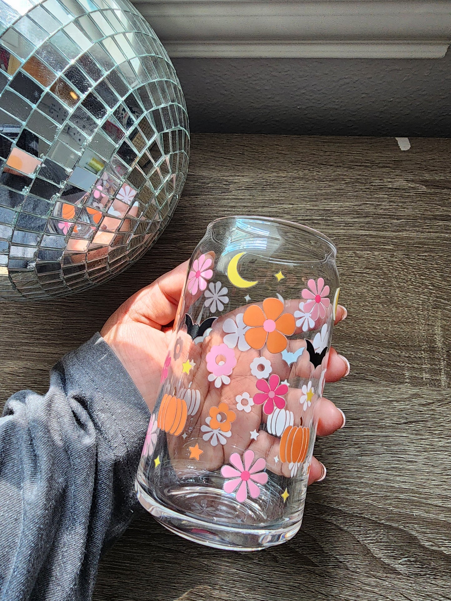 Pumpkins & Bats Girly 16oz glass can| Autumn| Fall Bookish| Pumpkins Books| Cute Glass Can|Glass Tumbler w/Straw & Lid|