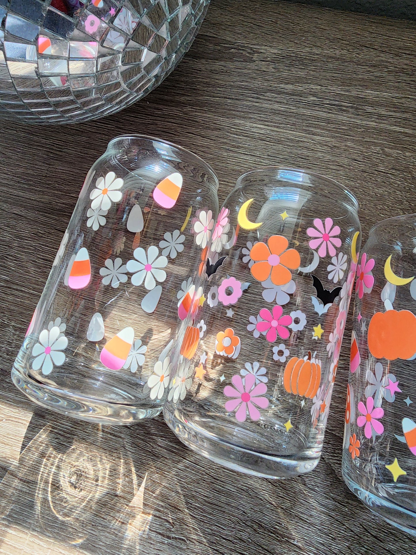 Pumpkins & Bats Girly 16oz glass can| Autumn| Fall Bookish| Pumpkins Books| Cute Glass Can|Glass Tumbler w/Straw & Lid|