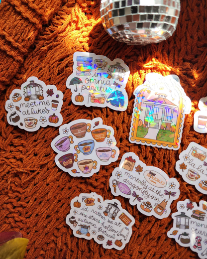 Gilmore Girls Autumn| Luke's Cafe|Stars Hollow|Yale|Jackson's Produce|Junk Journal| Buttons|Cozy Fall|Sparkly sticker| Holographic sticker| book accessories| bookish sticker