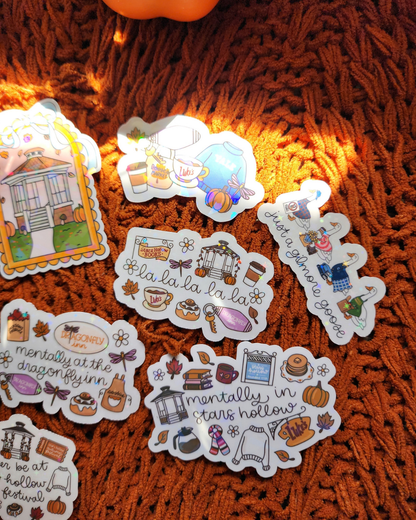 Gilmore Girls Autumn| Luke's Cafe|Stars Hollow|Yale|Jackson's Produce|Junk Journal| Buttons|Cozy Fall|Sparkly sticker| Holographic sticker| book accessories| bookish sticker