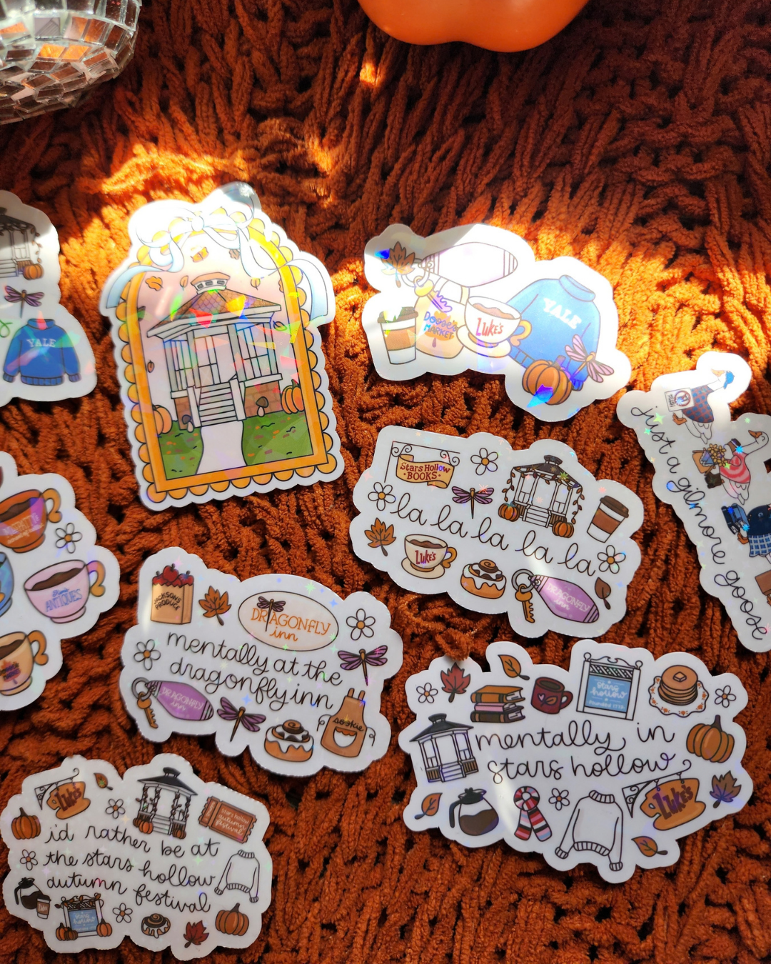 Gilmore Girls Autumn| Luke's Cafe|Stars Hollow|Yale|Jackson's Produce|Junk Journal| Buttons|Cozy Fall|Sparkly sticker| Holographic sticker| book accessories| bookish sticker