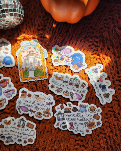 Gilmore Girls Autumn| Luke's Cafe|Stars Hollow|Yale|Jackson's Produce|Junk Journal| Buttons|Cozy Fall|Sparkly sticker| Holographic sticker| book accessories| bookish sticker