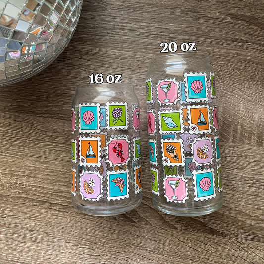 Summer Stamps| Beach Stamps Cute Glass Can|Glass Tumbler w/Straw & Lid|