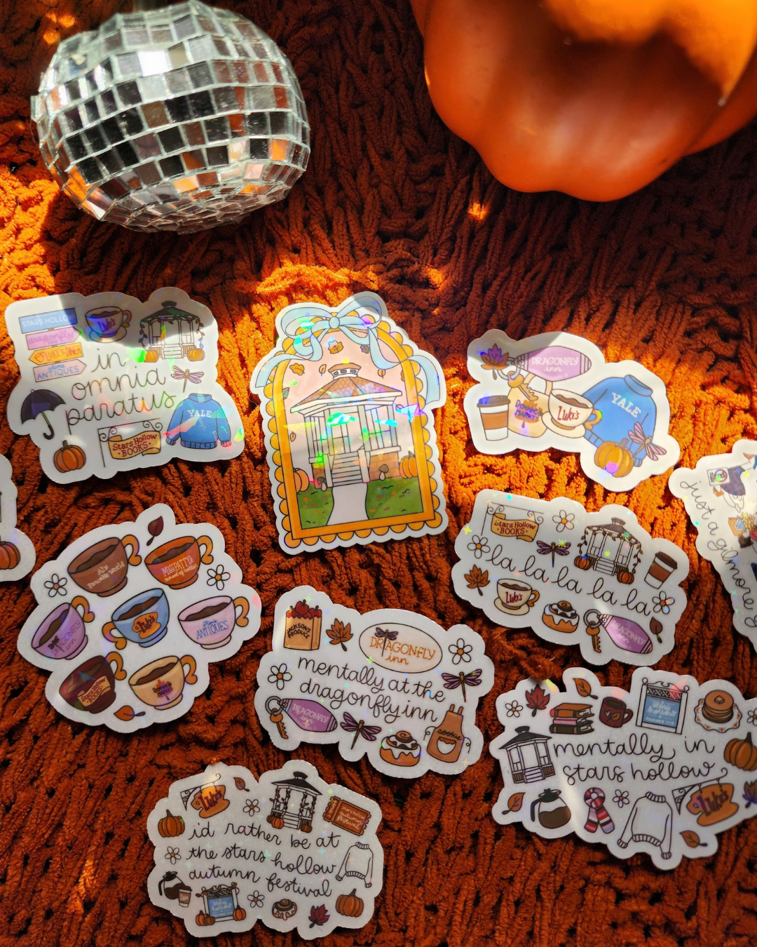 Gilmore Girls Autumn| Luke's Cafe|Stars Hollow|Yale|Jackson's Produce|Junk Journal| Buttons|Cozy Fall|Sparkly sticker| Holographic sticker| book accessories| bookish sticker