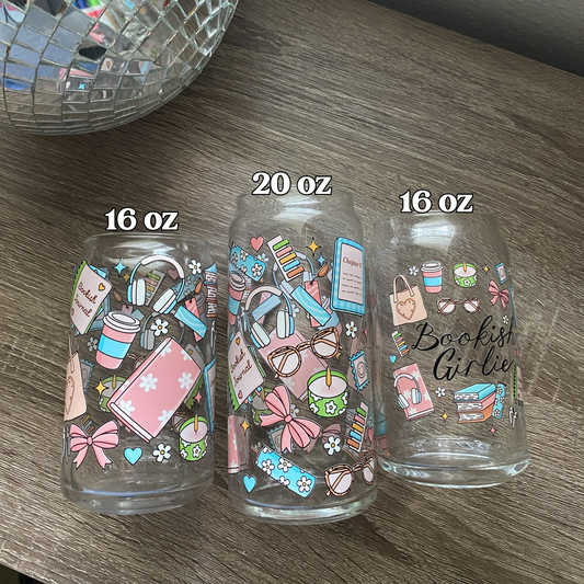 Bookish Girlie Cute Glass Can|Glass Tumbler w/Straw & Lid|