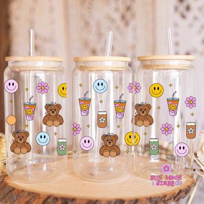 Take What You Can| Happy Vibes | Coffee| Teddy Bear| Groovy| Retro 16 oz Glass Can