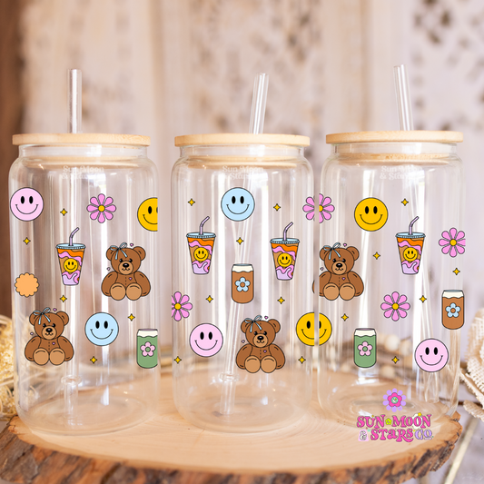 Take What You Can| Happy Vibes | Coffee| Teddy Bear| Groovy| Retro 16 oz Glass Can