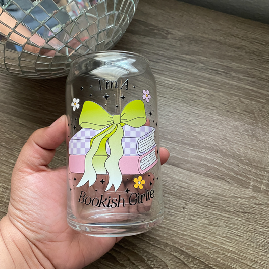 I'm a Bookish Girlie Cute Glass Can|Glass Tumbler w/Straw & Lid|
