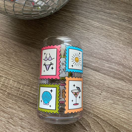 Beach Stamps Cute Glass Can|Glass Tumbler w/Straw & Lid|