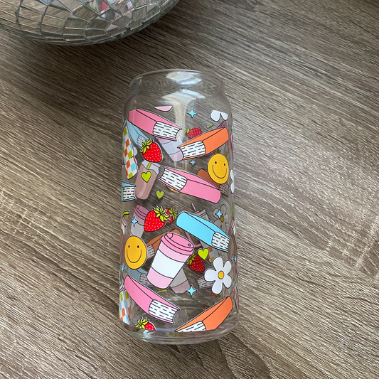 Coffee & Books Cute Glass Can|Glass Tumbler w/Straw & Lid|