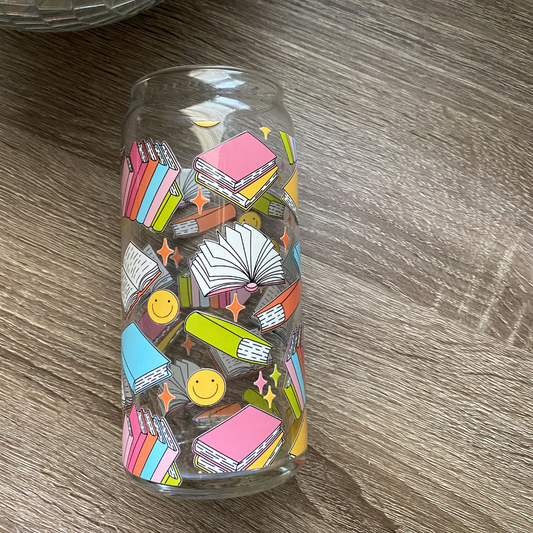 Open Book Cute Glass Can|Glass Tumbler w/Straw & Lid|