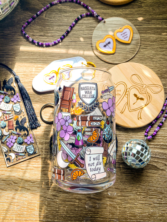 I will Not Die Today 16oz Glass Can|Glass Tumbler w/Straw & Lid| I Will Not Die Today| Fourth Wing| Bookish| Basgiath War College| Dragons| Cute Keychain| Book Lover| Gifts for Book Lover| Books|Book Accessories|