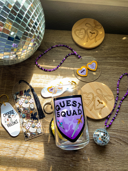 Quest Squad Glass 16oz Glass Can|Glass Tumbler w/Straw & Lid| I Will Not Die Today| Fourth Wing| Bookish| Basgiath War College| Dragons| Cute Keychain| Book Lover| Gifts for Book Lover| Books|Book Accessories|