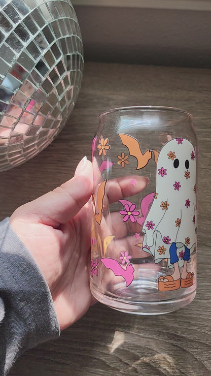 Lizzie M Ghost Girly 16oz glass can| Autumn| Fall Bookish| Pumpkins Books| Cute Glass Can|Glass Tumbler w/Straw & Lid|