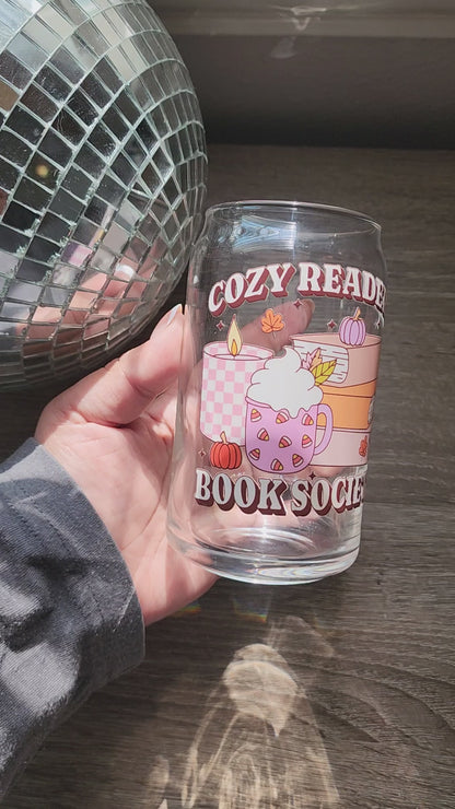Cozy Readers Book Society 16oz glass can| Autumn| Fall Bookish| Cute Glass Can|Glass Tumbler w/Straw & Lid|