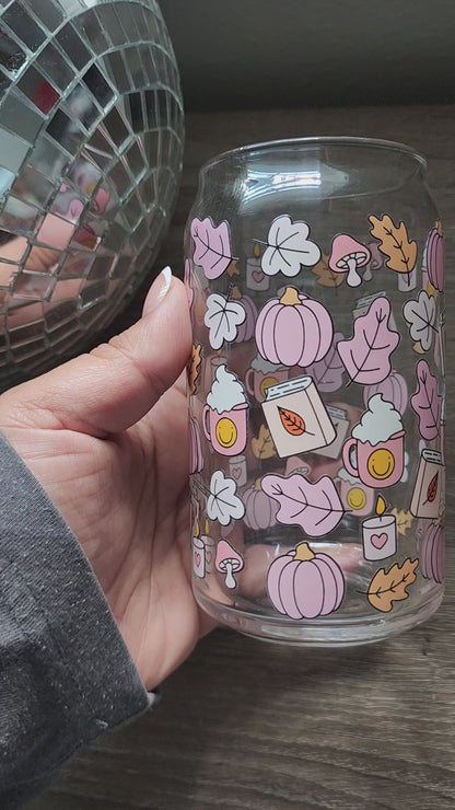 Autumn Bookish Girly 16oz glass can| Autumn| Fall Bookish| Pumpkins Books| Cute Glass Can|Glass Tumbler w/Straw & Lid|