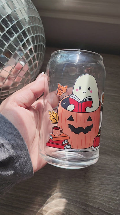 Reading Ghostie Jack-o-lantern 16oz glass can| Autumn| Fall Bookish| Pumpkins Books| Cute Glass Can|Glass Tumbler w/Straw & Lid|