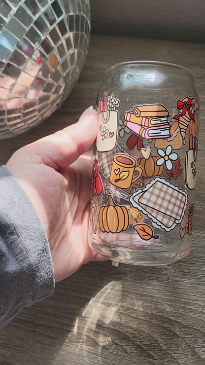 Autumn Bookish Picnic 16oz glass can| Autumn| Fall Bookish| Pumpkins Books| Cute Glass Can|Glass Tumbler w/Straw & Lid|